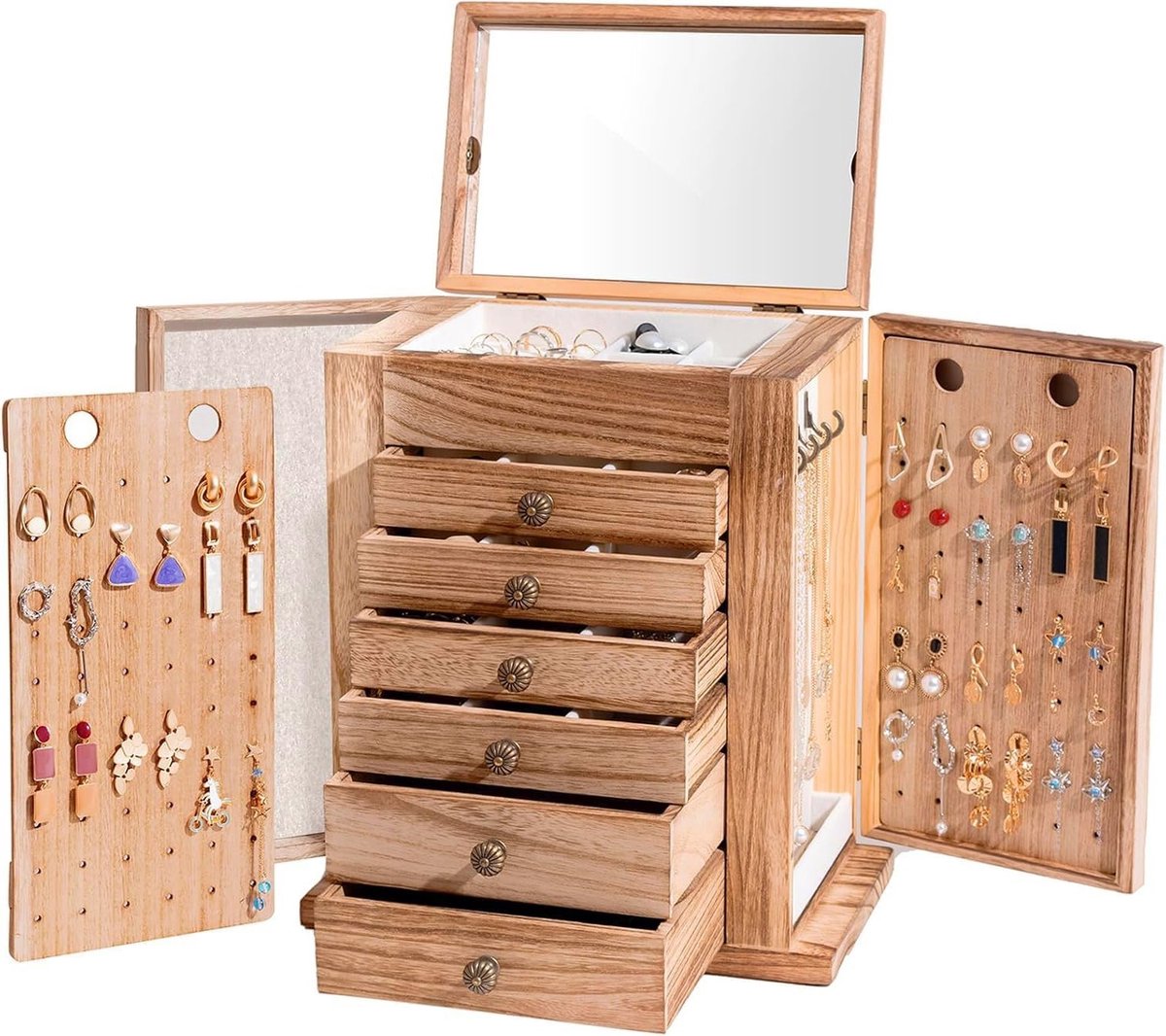 Grote Houten Sieradenbox met Spiegel en Lades voor Ringen en Oorbellen - 7 Laags Sieradenopberger voor Organisatie en Bewaring van Sieraden