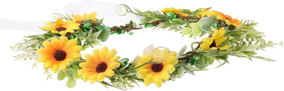 Bloemenhoofdband Bruid - Bloemenkroon Lint - Feestelijk Accessoire - Realistische Kunstbloemen - 21x20cm - Geel