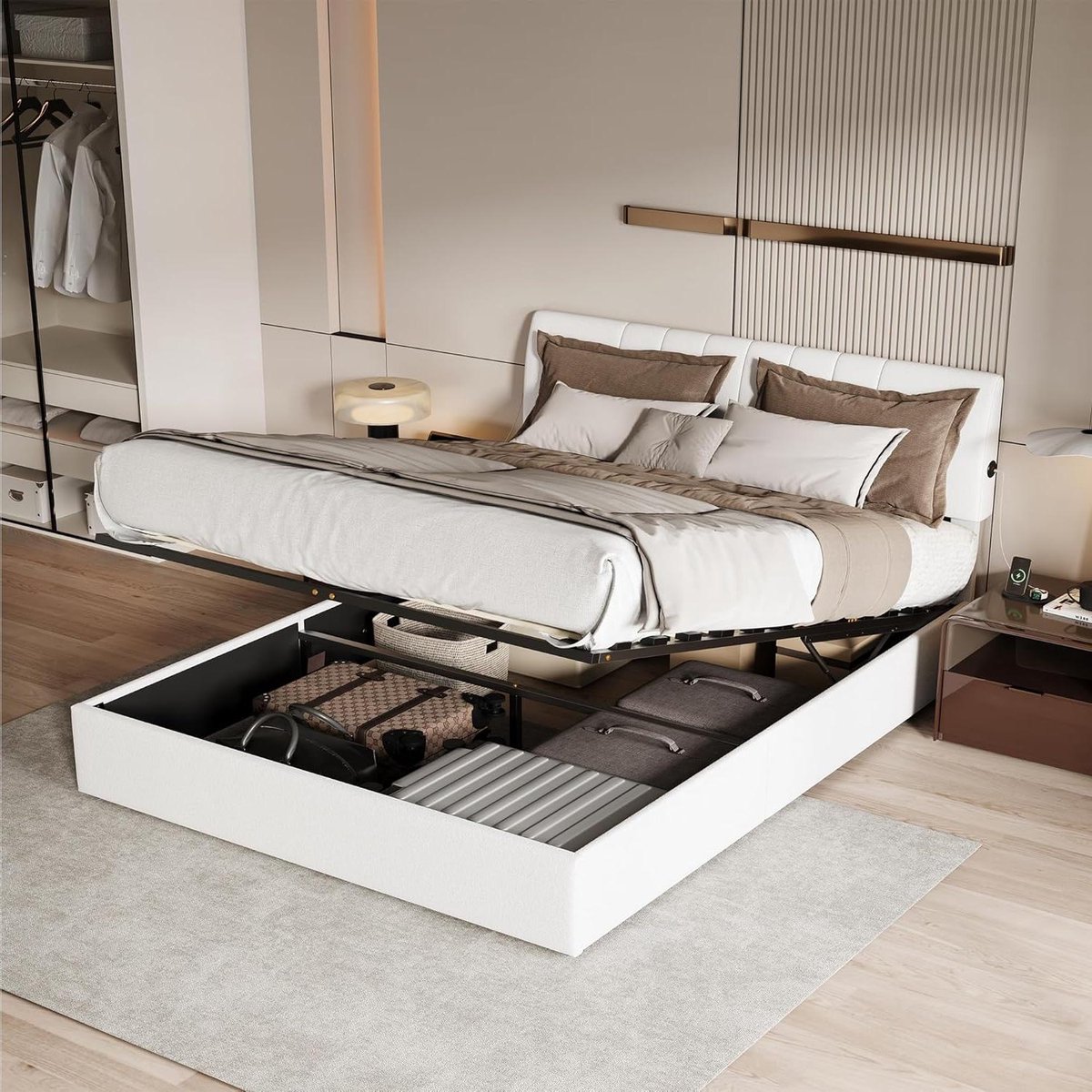 Gestoffeerd Bed - Ladenbak Bed - Opbergen Slaapkamer - Hydraulisch Openen - 160x200 cm - Wit