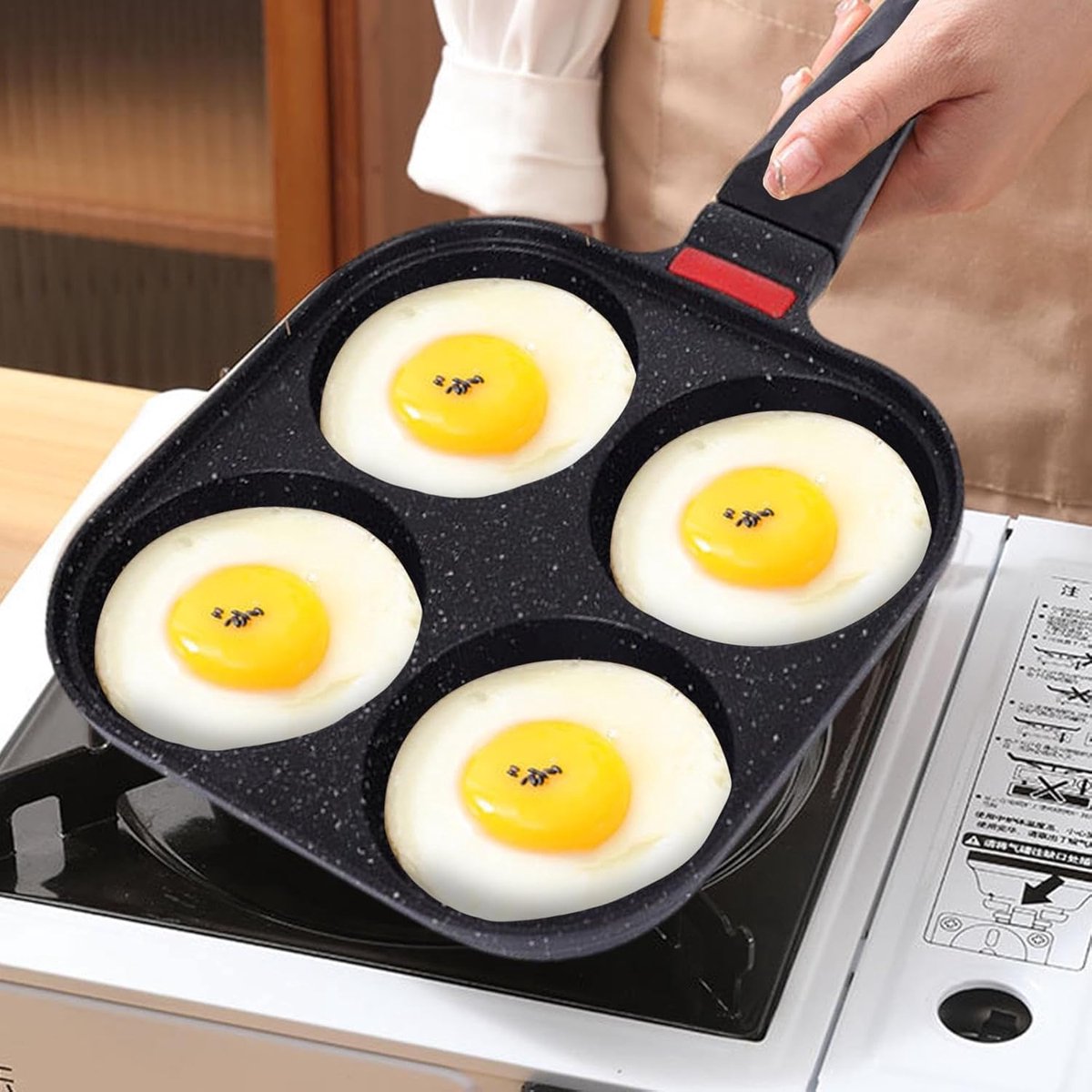 Pannenkoekenpan met 4 gaten - Eierkoekenpan - Ontbijt maken - Temperatuurindicator - 37cm lang - Zwart