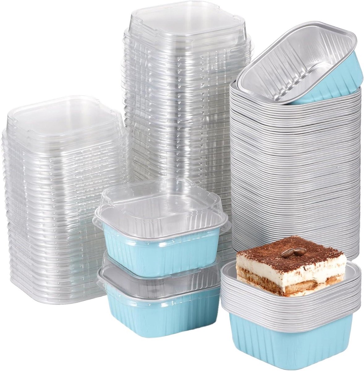 Vierkante Bakbekers - Dessert Containers - Individueel Bakken - Met Deksel - 100 stuks - Blauw