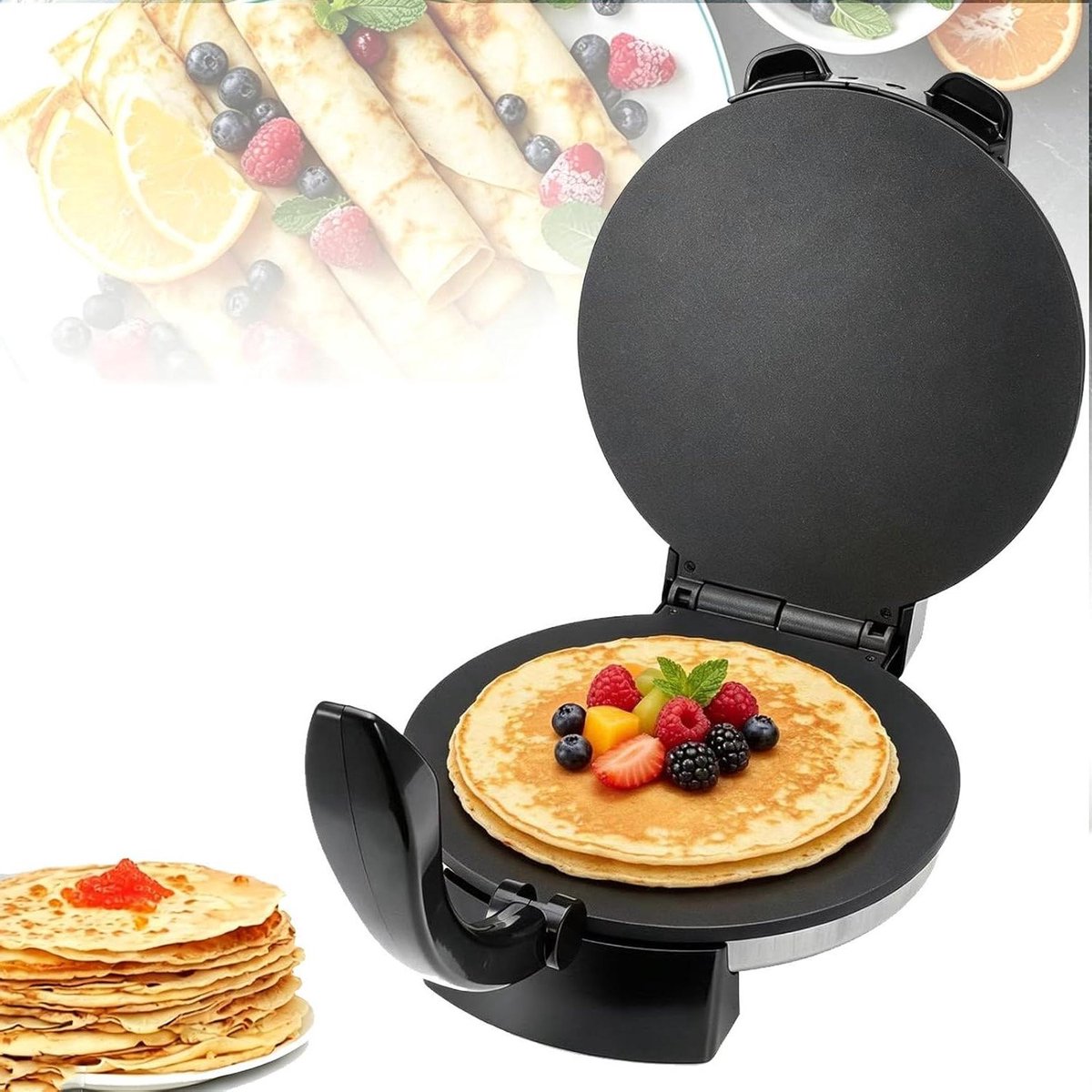 Elektrische CrêPe-Maker - Tortilla Pers Chapati Maker - Platbrood Bakken - Instelbare Temperatuur - 25 Cm - Zilver