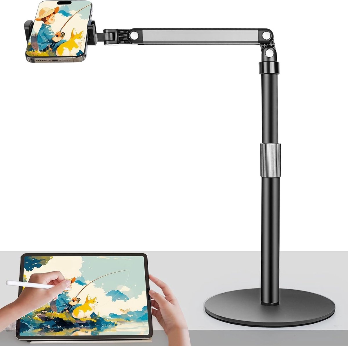 Verstelbare Smartphonehouder voor Tafel met Robuuste Basis - 360° Draaibaar, Geschikt voor Filmopnames en Compatibel met iPhone, Samsung, Huawei, Xiaomi en Redmi Smartphones