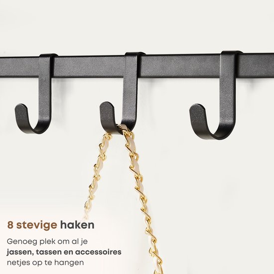 Detail van 8 zwarte, stevige haken op een wandkapstok.