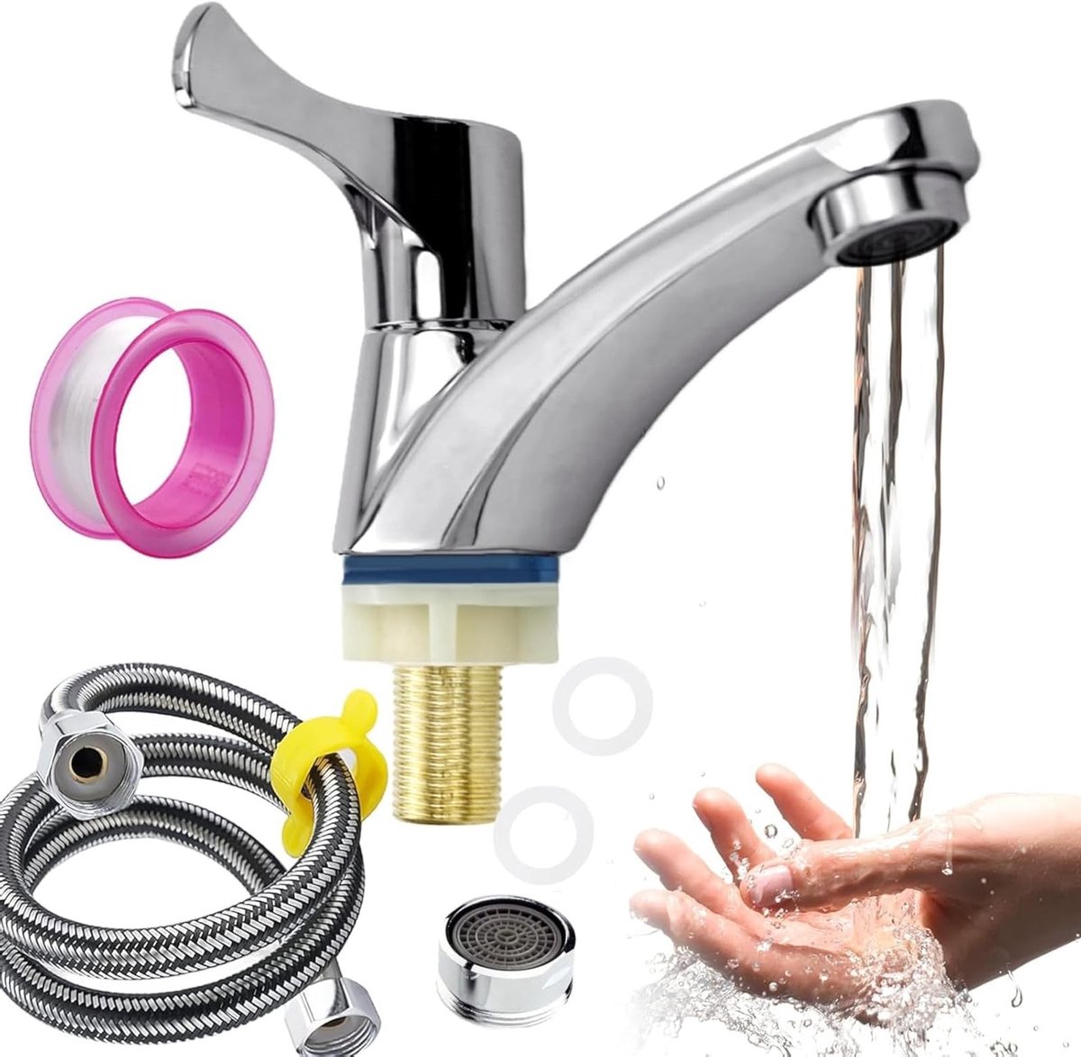 Enkele Koudwaterkraan voor Keuken en Badkamer, Eenvoudige En Moderne Koudwaterkraan met 60cm Aansluitslang, Ideaal voor Gastentoilet en Kleine Ruimtes