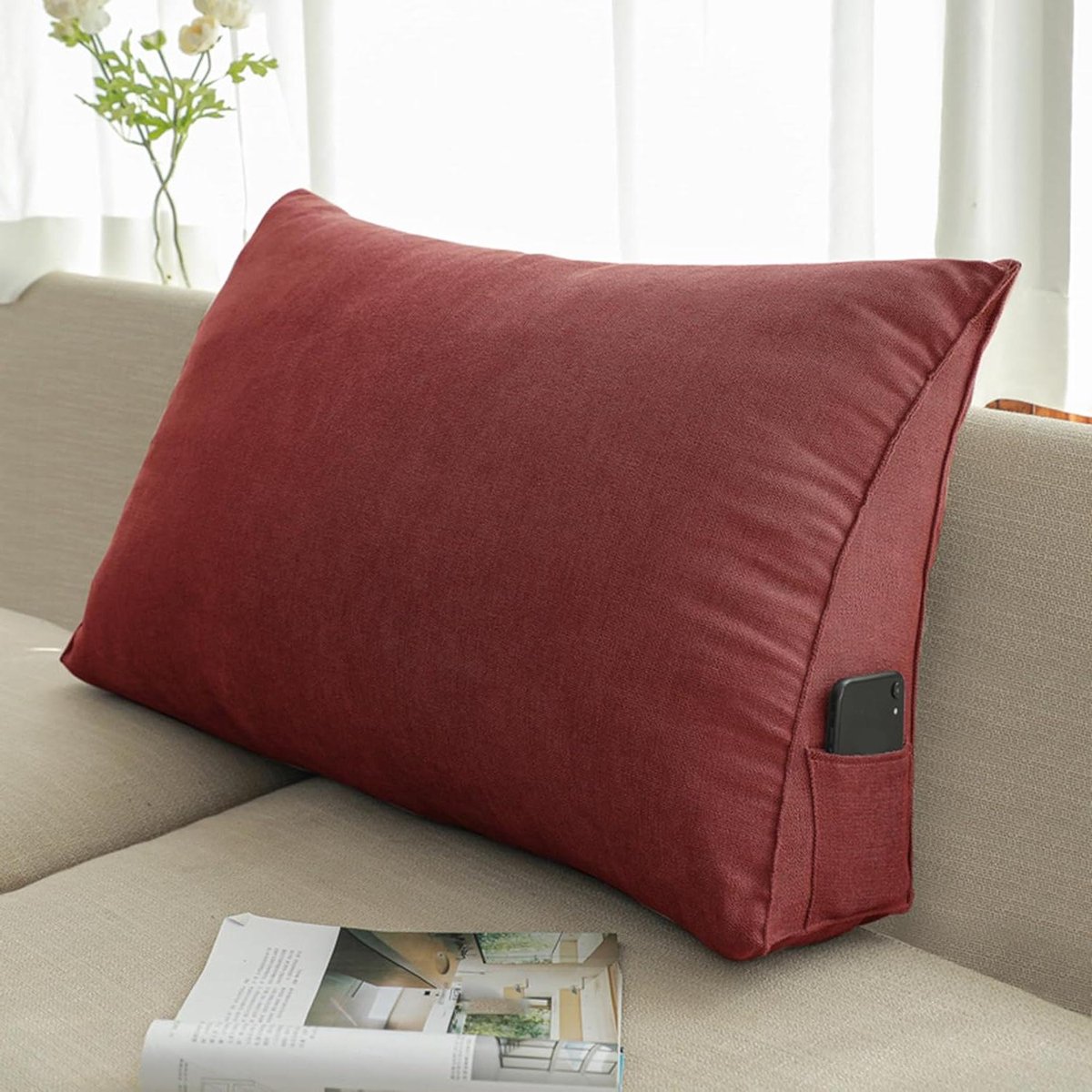 Driehoekig Rugkussen - Leeskussen Bed Wigkussen - Comfort Verhogend - Met Handig Zijvak - 90 x 50 x 20 cm