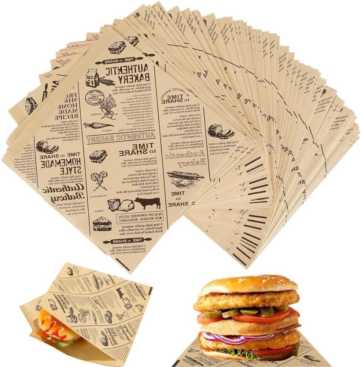 Dik Burgerpapier, 50 Stuks Vet- en Waterbestendig, Ideaal voor Kaaspapier, Deli Papieren, Sandwiches en Frietjes, 15 x 15 cm