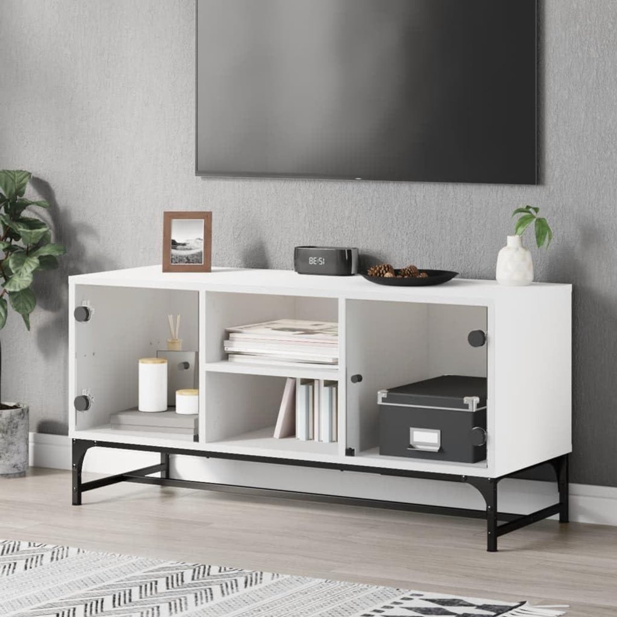 TV Kast - TV Meubel Dressoir - Woonkamer Opbergen - Glazen Deuren - 102 x 37 x 50 cm - Wit