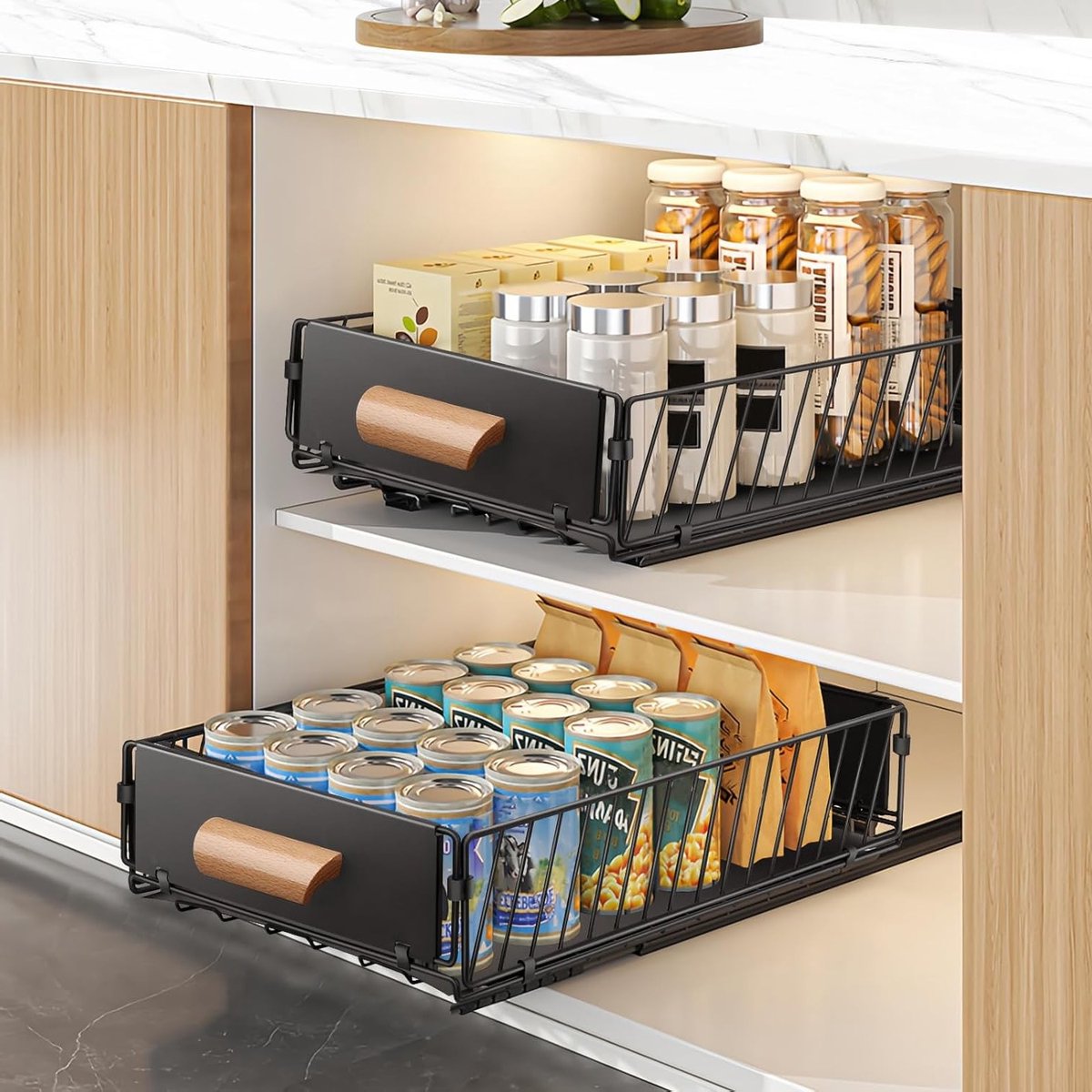 Telescopische Lade Organizer Set van 2, Uittrekbare Keukenlade zonder Boren, 40 x 24 x 10 cm, Stijlvol Carbon Staal met Geluidsarme Glijders en Ruimtebesparend Ontwerp