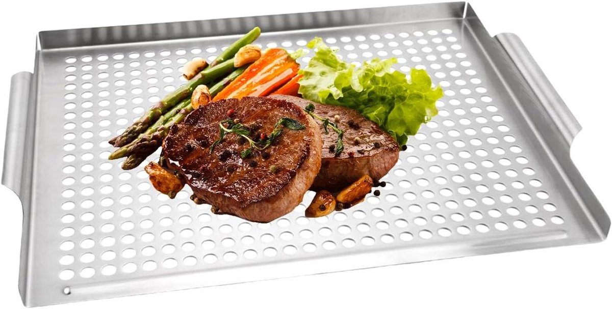 Grill Rooster Pan - Grill Topper - Buiten Koken - Efficiënt Vetbeheer - 35x25 cm - Zilver