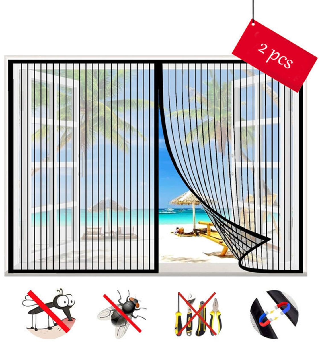 Tweedelige magnetische horrenset, zelfklevend gaasgordijn, magnetisch deurgordijn, automatisch sluitend, geschikt voor deuren en ramen - Zwart - 120x120 cm horgaas