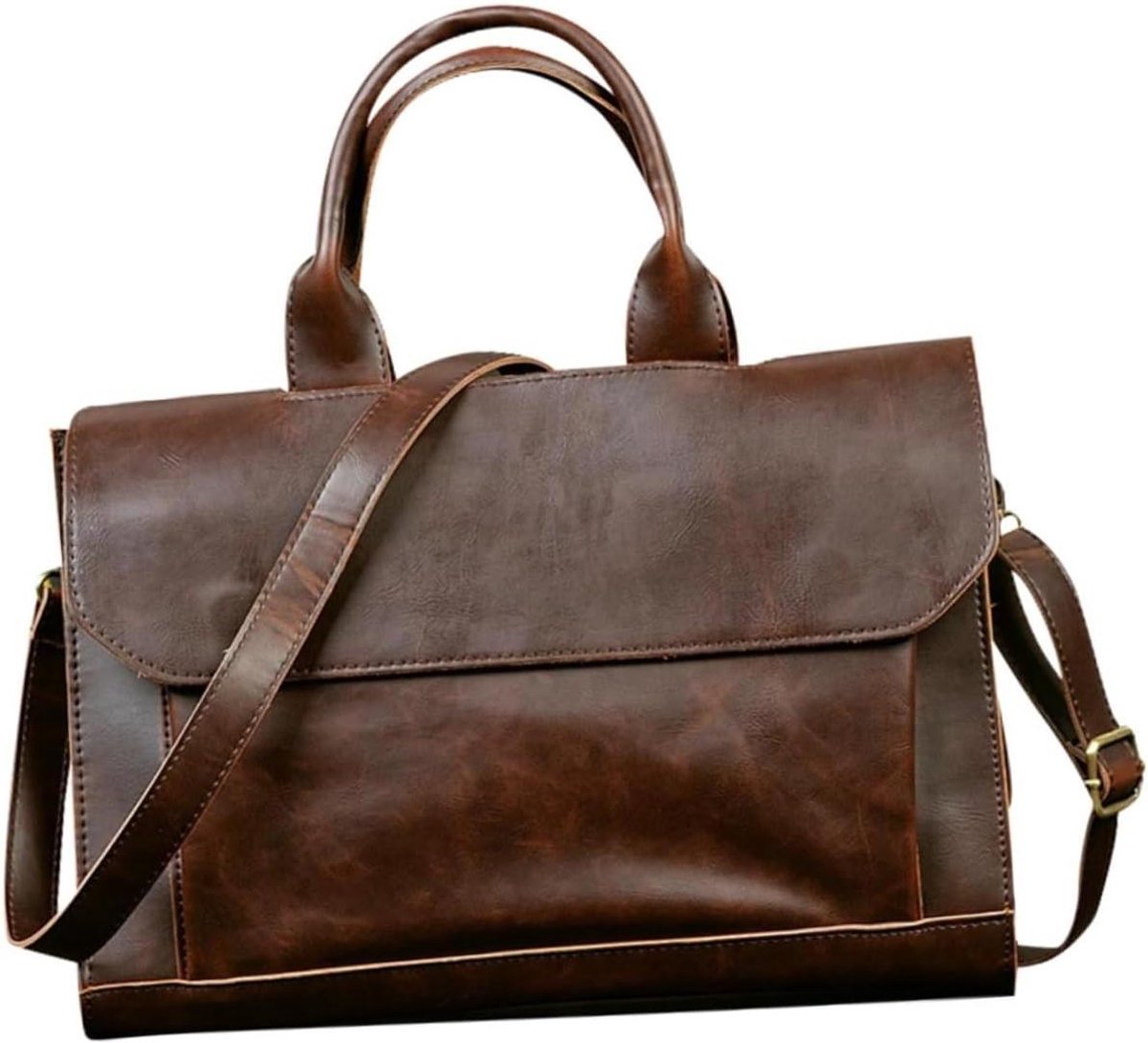 Herentas Laptoptas - Aktetas Schoudertas - Zakelijk Gebruik - PU Leer - 36.5 x 25 x 10 cm - Koffie