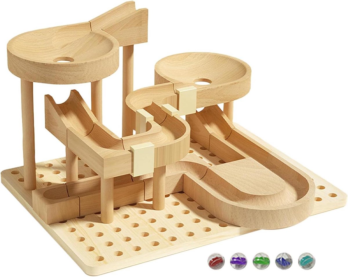 Knikkerbaan - Houten Puzzel - STEM Leren - 3D Constructie - 25.5 x 17.2 cm - Natuurlijk Hout