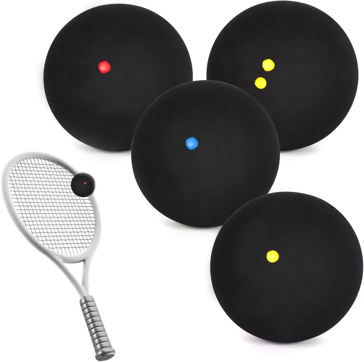 Set van 4 Squashballen in Verschillende Snelheden voor Beginners en Competities - Dubbele Gele, Enkele Gele, Rode en Blauwe Dots voor Training
