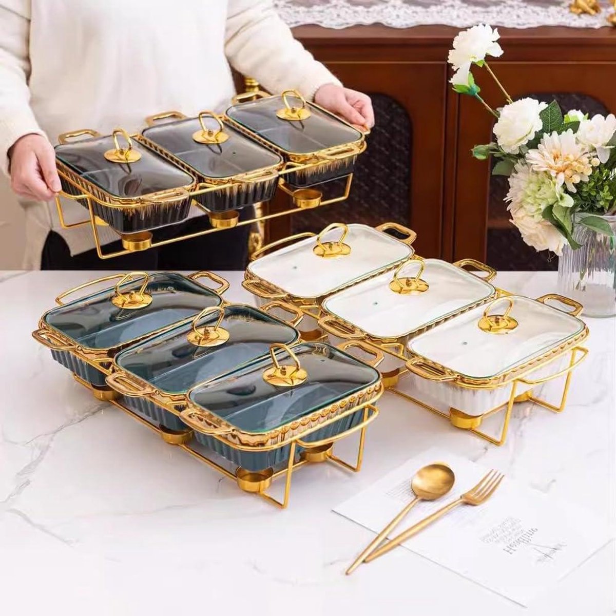 Chafing Dish Buffet Set, Luxe Warming Trays voor Voedsel, Roestvrij Staal Serveer Keramiek voor Bruiloften, Feesten en Banketten