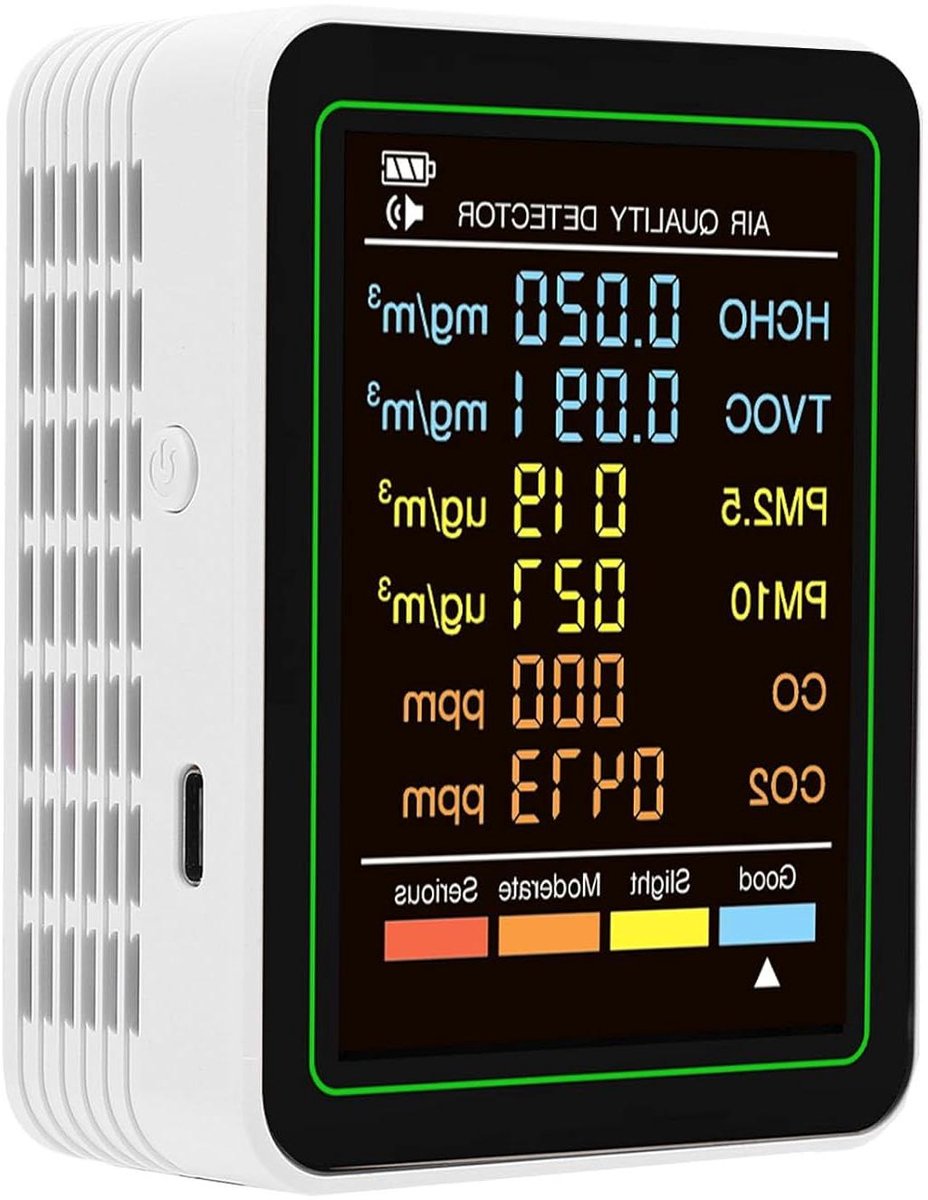 Luchtkwaliteitsmonitor - Detector Tester - Binnenmilieu Controleren - 6-in-1 Metingen - 70x35x90 mm - Wit