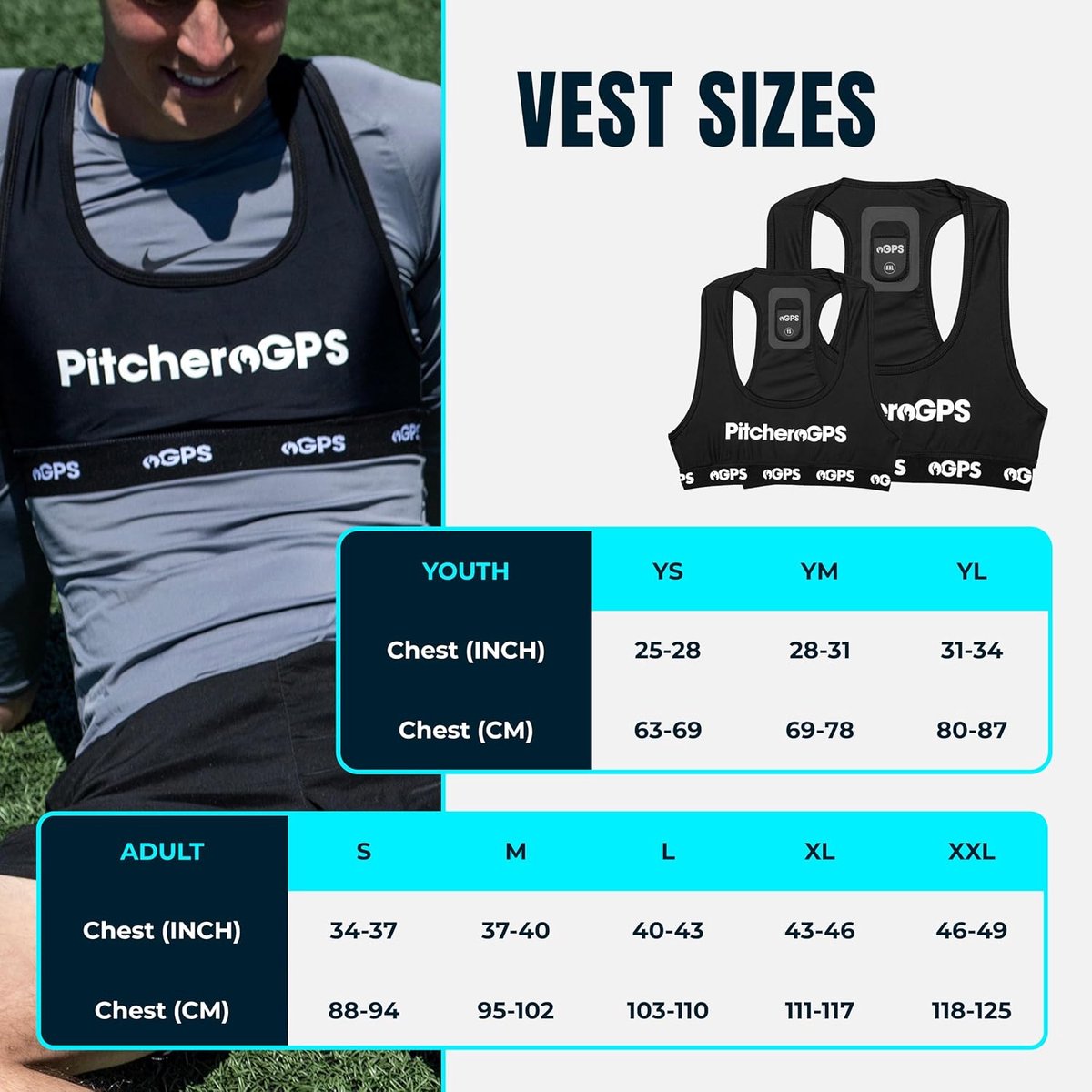 ProTrack Elite GPS Sport Tracker Vest Systeem – 1,14” GPS Performance Tracker met 18 Metrics, Bluetooth, 2GB Opslag & 60 Dagen Abonnement voor Voetbal, Rugby & Hockey Training
