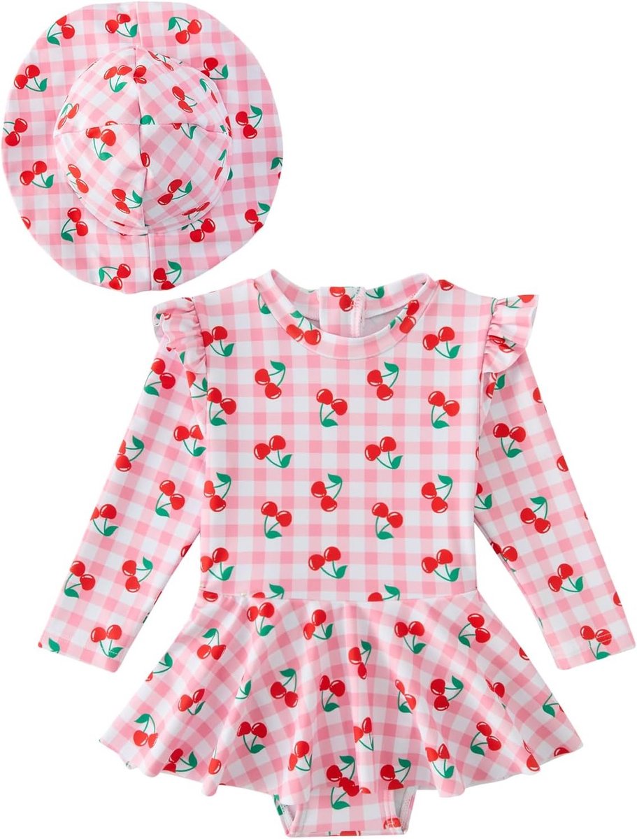 Zomerse Baby Meisjes Badpak met Zonnehoed, Lange Mouwen, UV-Bescherming, Geschikt voor 6 Maanden tot 3 Jaar