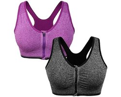Sportbeha - 2 Stuks - Sport BH Met Rits - Sportbeha met voorsluiting - Maat XXL - Shock absorber - Extra comfortabele Sport BH - Beha zonder beugel - Push-up & Ademend - Sport top - YOGA - Fitnesstraining - Dagelijkse outfit - Zwart/paars
