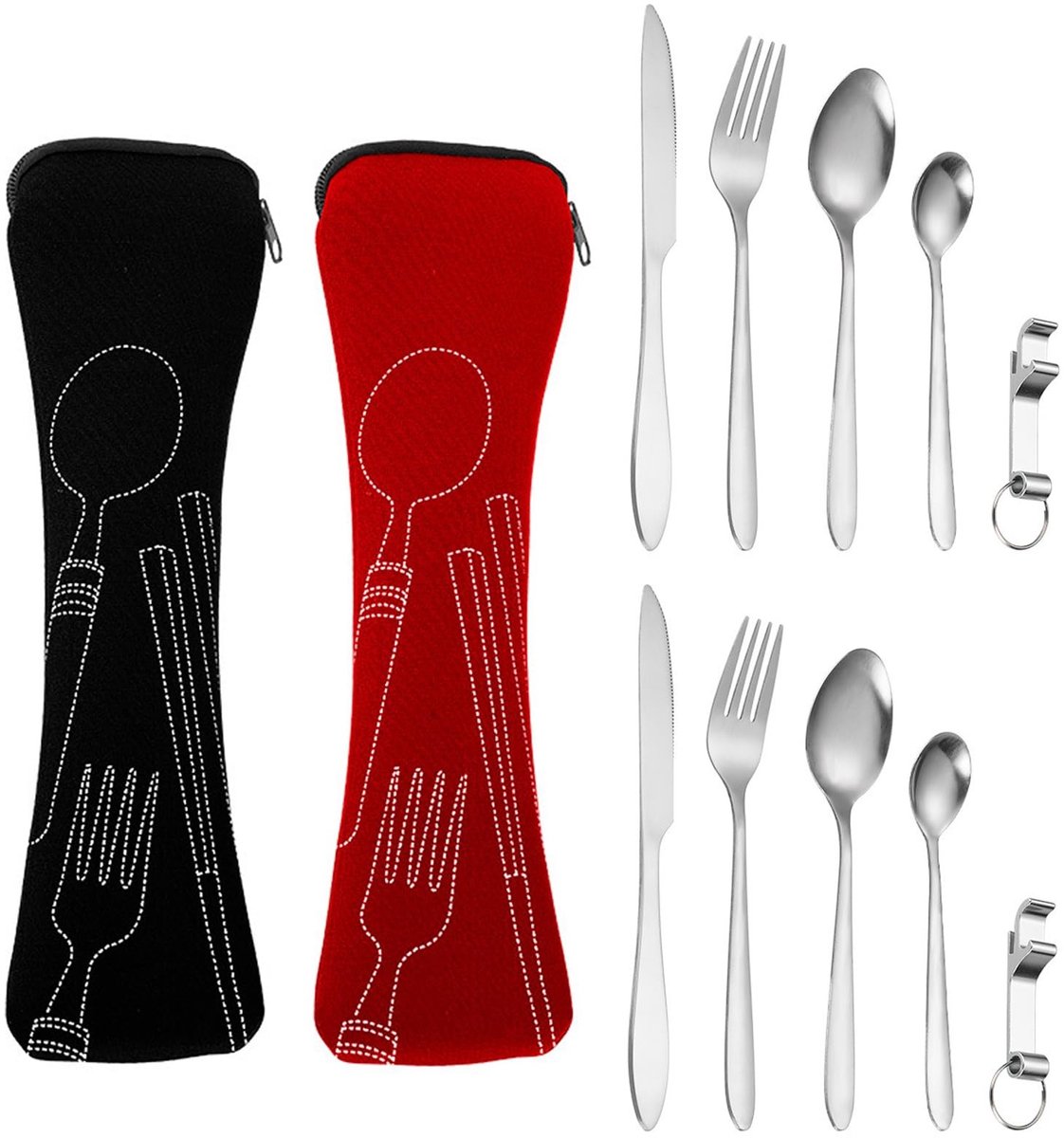 Dailygoody - Roestvrijstalen Camping Bestek - Draagbare Reisbestekset - Lichtgewicht en compact - Zilver - Voor Camping en Picknick - Inclusief Flesop...