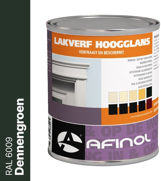 Blik Afinol hoogglans lakverf, kleur Dennengroen RAL 6009. Met kleurstalen en informatie.