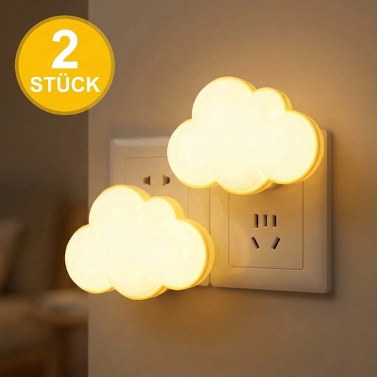 Twee witte LED-nachtlampjes in de vorm van een wolk, met stekker, die licht geven. "2 STÜCK".