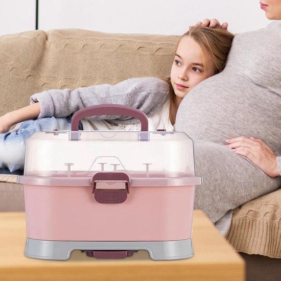 Baby Organizer - Flessenrek Droger - Baby Spullen Opbergen - Stofdicht Ontwerp - 35x27x25cm - Roze — afbeelding 3