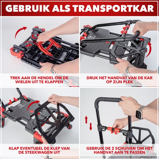 Gedemonstreerde stappen voor het uitklappen van de wielen, handvat en plateau van de Jackmend transportkar.