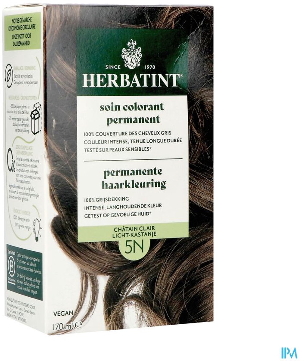 Herbatint 5N Licht Kastanje – permanente vegan haarkleuring – Met 8 plantenextracten – 170 ml