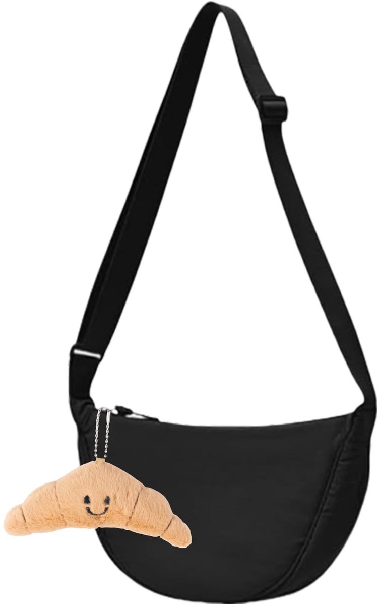 Zwarte Nylon Halfronde Tas met Croissant Hangertje - Perfect voor Dagelijks Gebruik