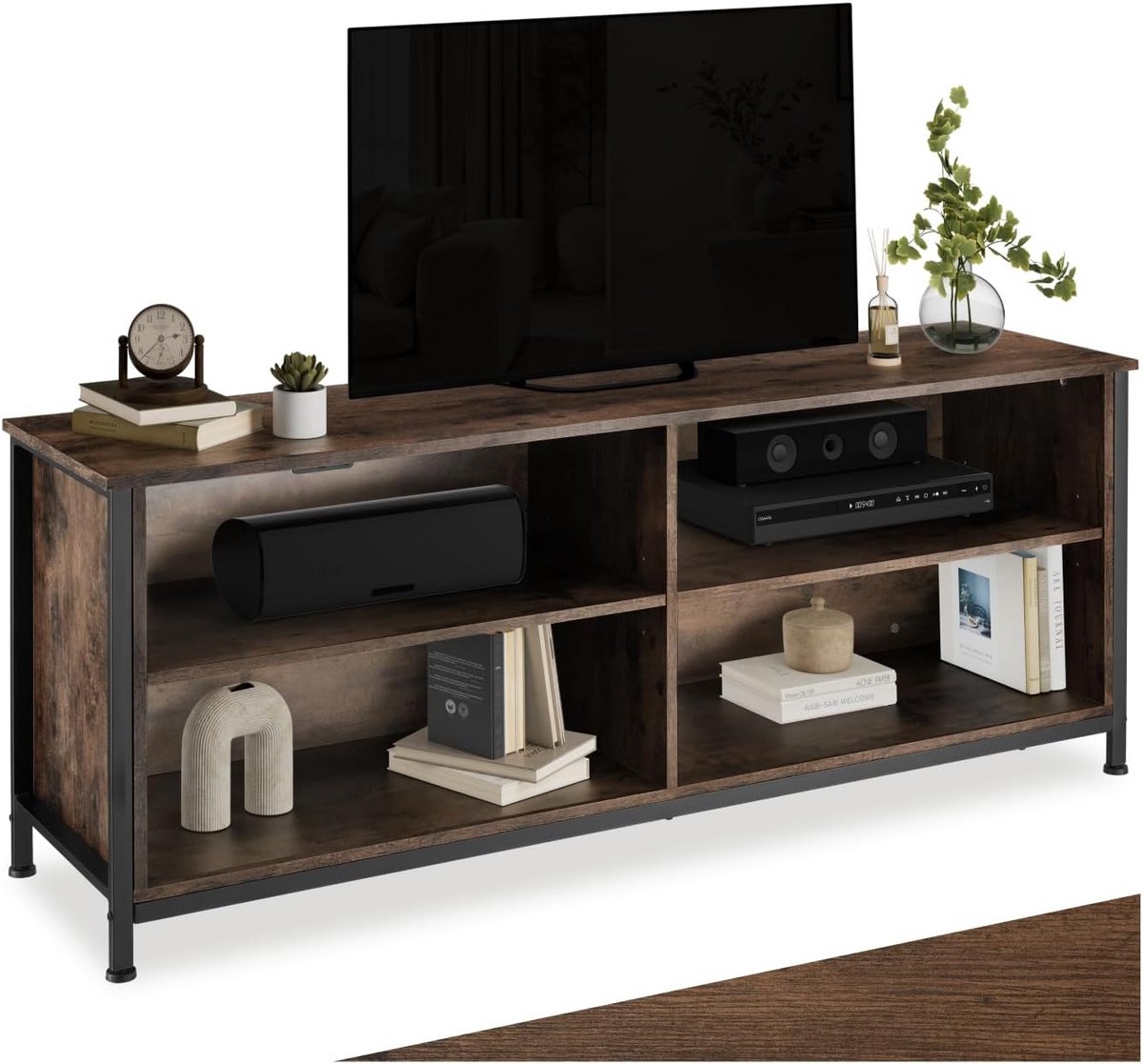 Industrieel TV-meubel met 4 Vakken - Lowboard voor TV tot 70 Inch - Houtlook en Zwart Metalen Frame