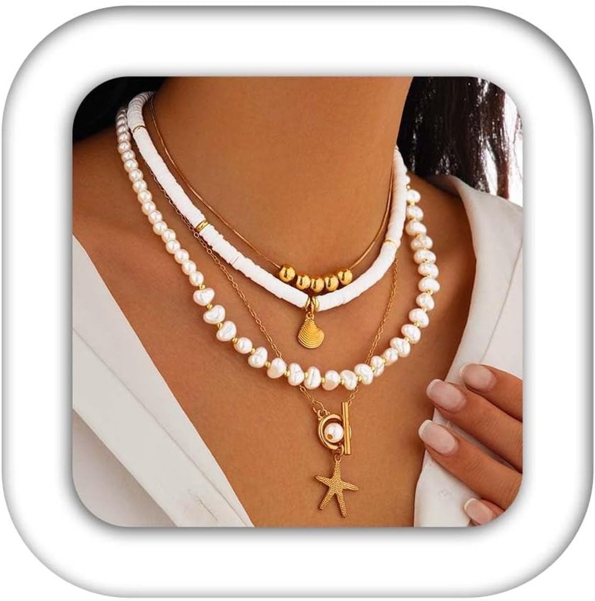 Elegante parelketting met gouden kralen en stervormige hanger - Set van 4, verstelbaar, strandaccessoires voor dames en meisjes