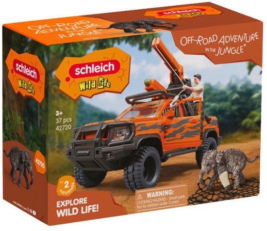 Doos van Schleich Wild Life met oranje pick-up truck, hijskraan, olifant en man.