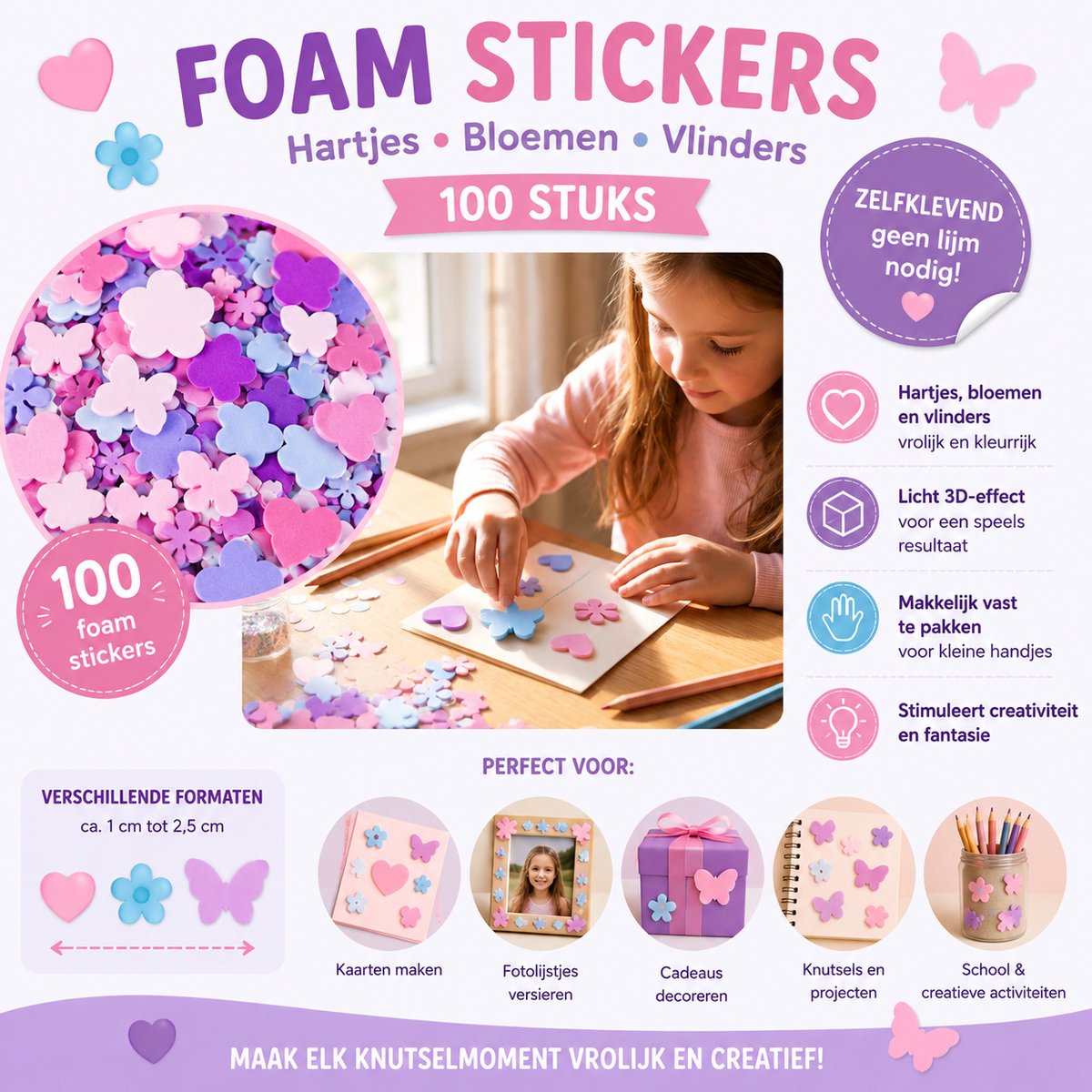 Foam Stickers Hartjes, Bloemen & Vlinders – 100 Stickers - Knutselen Meisje — afbeelding 6