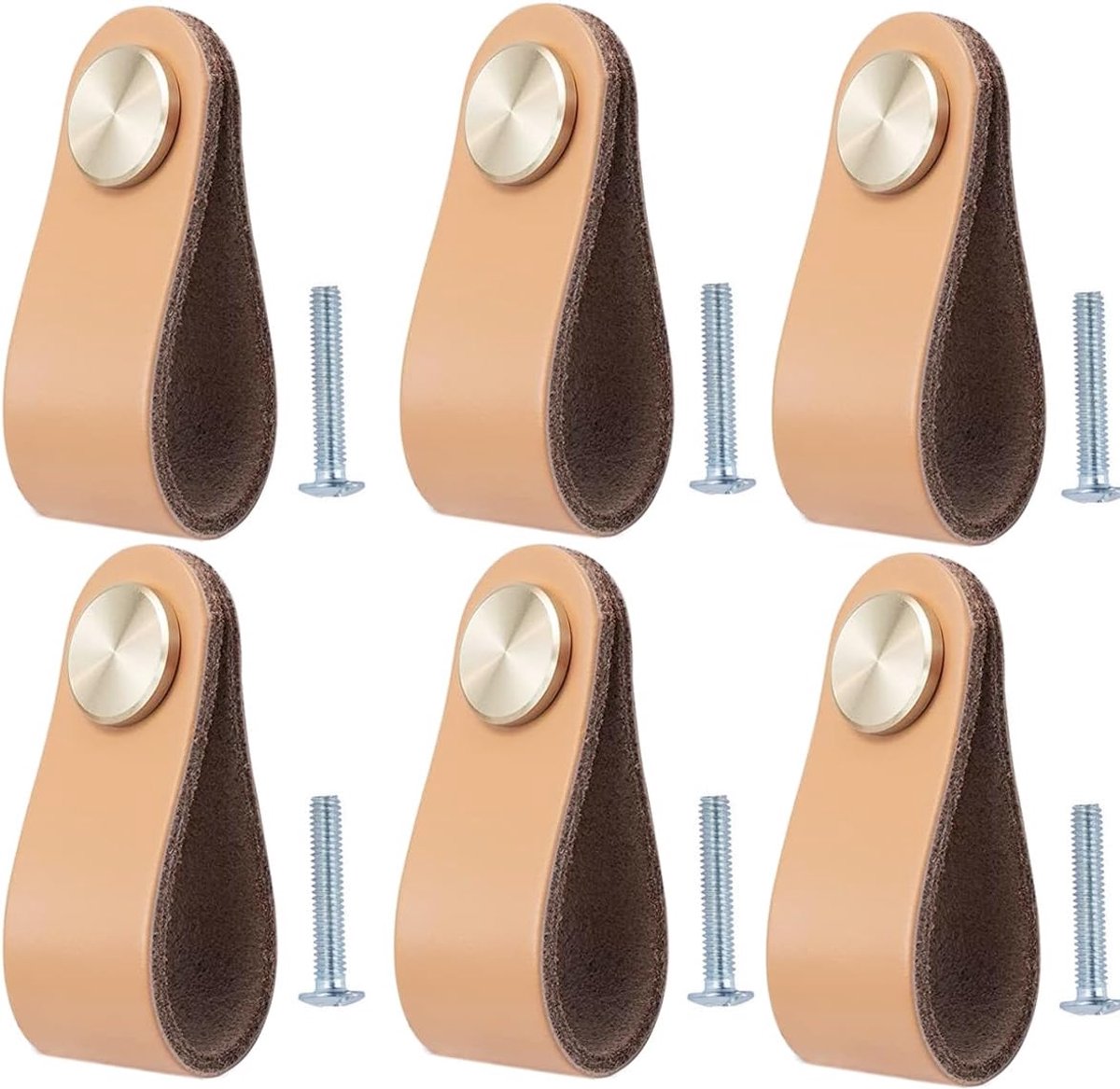 Lederen Handgrepen Set - Meubelknoppen Leer en Messing - 6 Stuks 64x25 mm - Duurzame Ladegreep voor Renovatie - Keuken Kast Slaapkamer - Beige