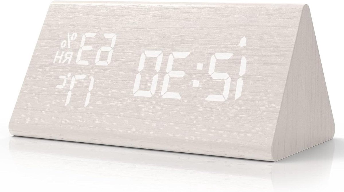 Digitale Wekker - Tafelklok Houtlook - Wakker Worden - Spraakbesturing en Snooze - Compact Formaat - Wit