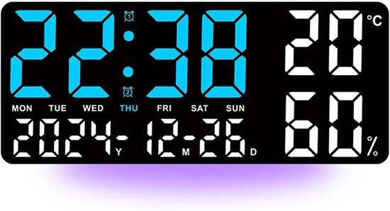 Digitale Wandklok - Wekker Sfeerverlichting - Wakker Worden - 7 Kleuren Sfeerlicht - 15 cm Doorsnede - Zwart — afbeelding 2