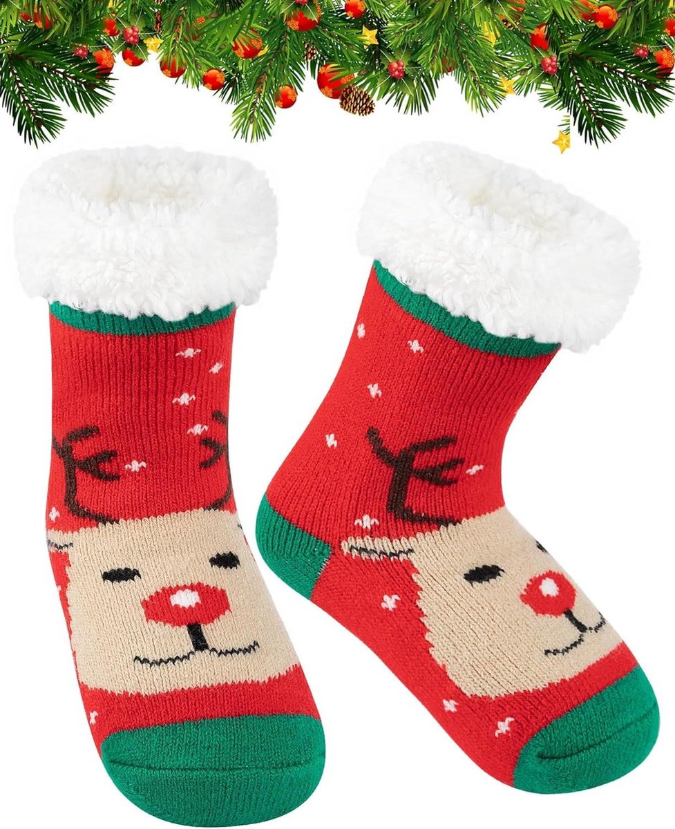 Kinder Huissokken - Warme Sokken - Binnen Comfort - Met Antislip - One Size - Kerstprint