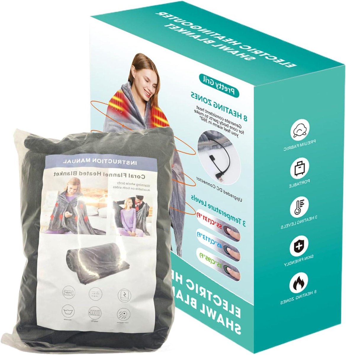 Verwarmde Sjaal - Deken Poncho - Extra Warmte - 10 Temperatuurstanden - 150 x 80 cm - Grijs