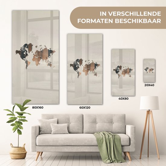 Peinture sur Verre - Carte du Wereldkaart - Bois - Planche - 40x80 cm - Peintures sur Verre Peintures - Photo sur Glas