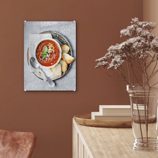 Peinture sur verre - Une nature morte de soupe à la tomate et de pain grillé - 30x40 cm - Peintures sur Verre Peintures - Photo sur Glas