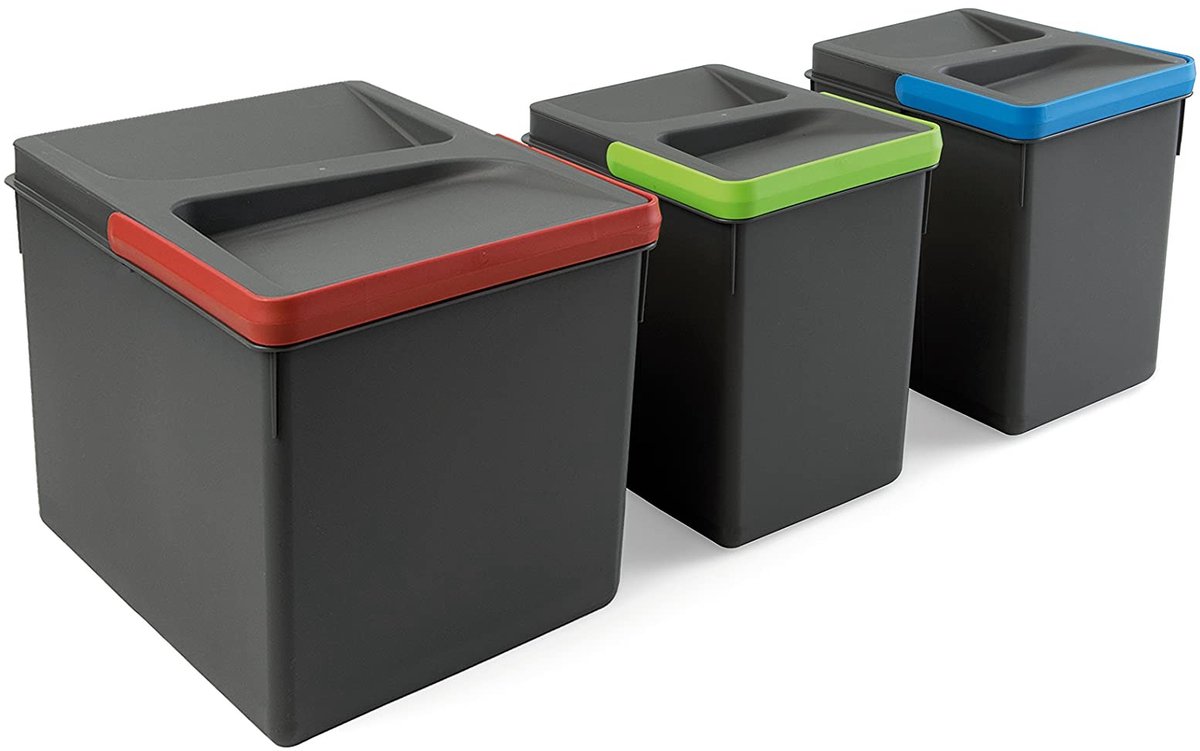 ONF3 - Recyclingcontainers - Keukenoplossing - Actraciet grijs - Afvalscheiding - Duurzaam en praktisch - Geschikt voor keuken - 1x12L en 2x6L m...