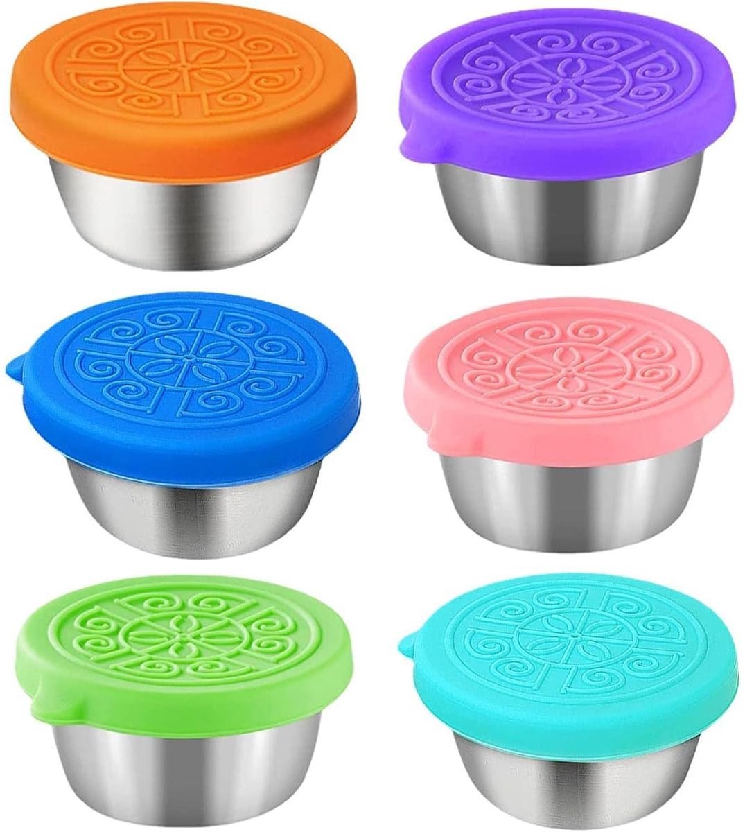 aladdien - RVS Saladedressing Container - 6 Stuks - Met Siliconen Deksel - Handig voor Werk en School - Ideaal voor Picknick - Herbruikbaar