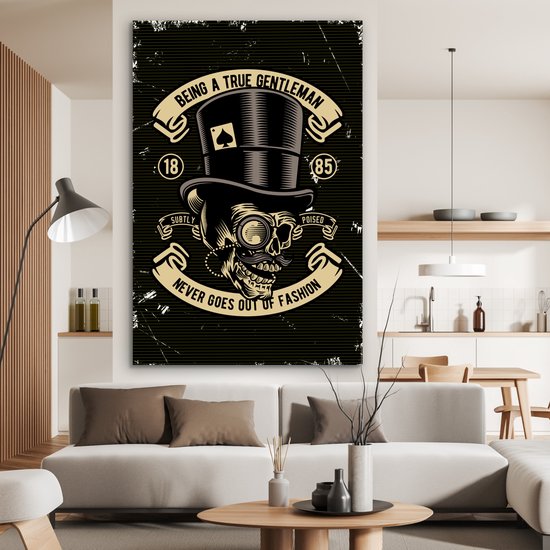 Aluminium schilderij 100x150 cm - Wanddecoratie metaal - Doodskop - Hoed - Retro - Tekening - Metalen muurdecoratie woonkamer - Decoratie industrieel - Foto op dibond - Industriële accessoires slaapkamer