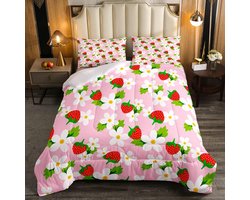 Loussiesd Strawberry Soft Duvet Cover Children White Flowers Fruit Bedding Set Fresh Strawberry Branches Down Comforter Room 2pcs Single Size