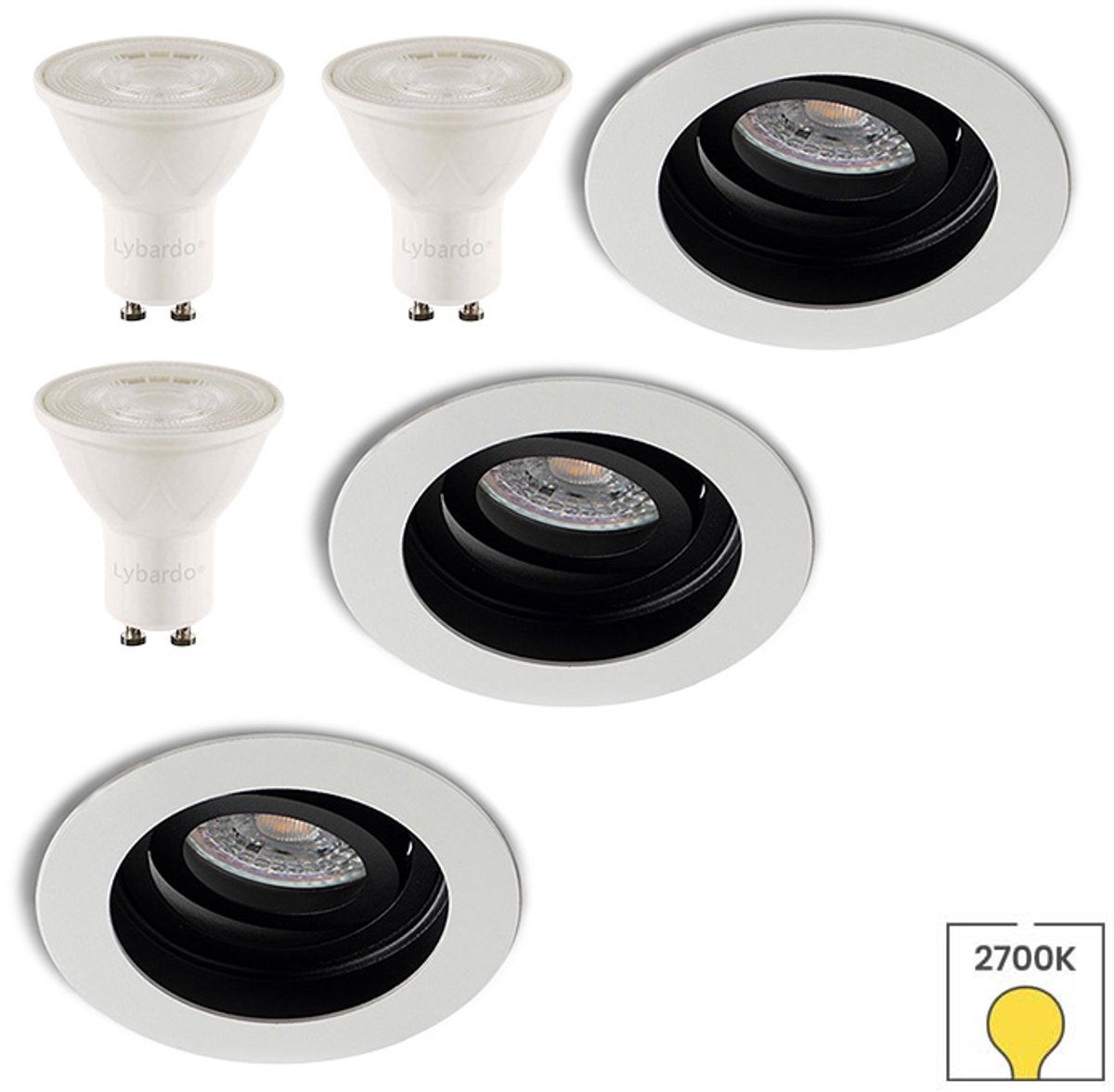 Lybardo - Inbouwspots 3-pack - Kantelbaar + LED Spot 2.4W - Warmwit Licht