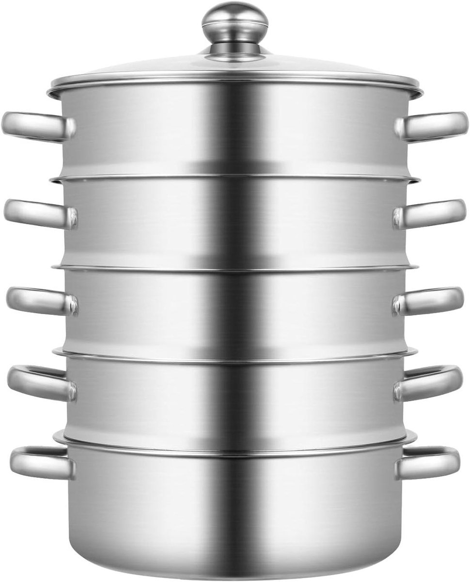 Stoompan met roosters - Stoomkoker stoomoven - Gezond koken - 4 stoomroosters - 26 cm - Zilverkleurig