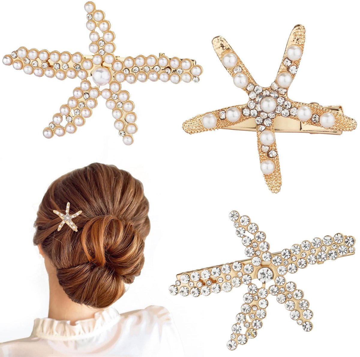 ONF3 - 3st Zeesterren Haarspelden - Elegant Strass Haaraccessoires - Goud - Parel Haarspeld - Perfect voor Dames en Meisjes - 3 Stijlen