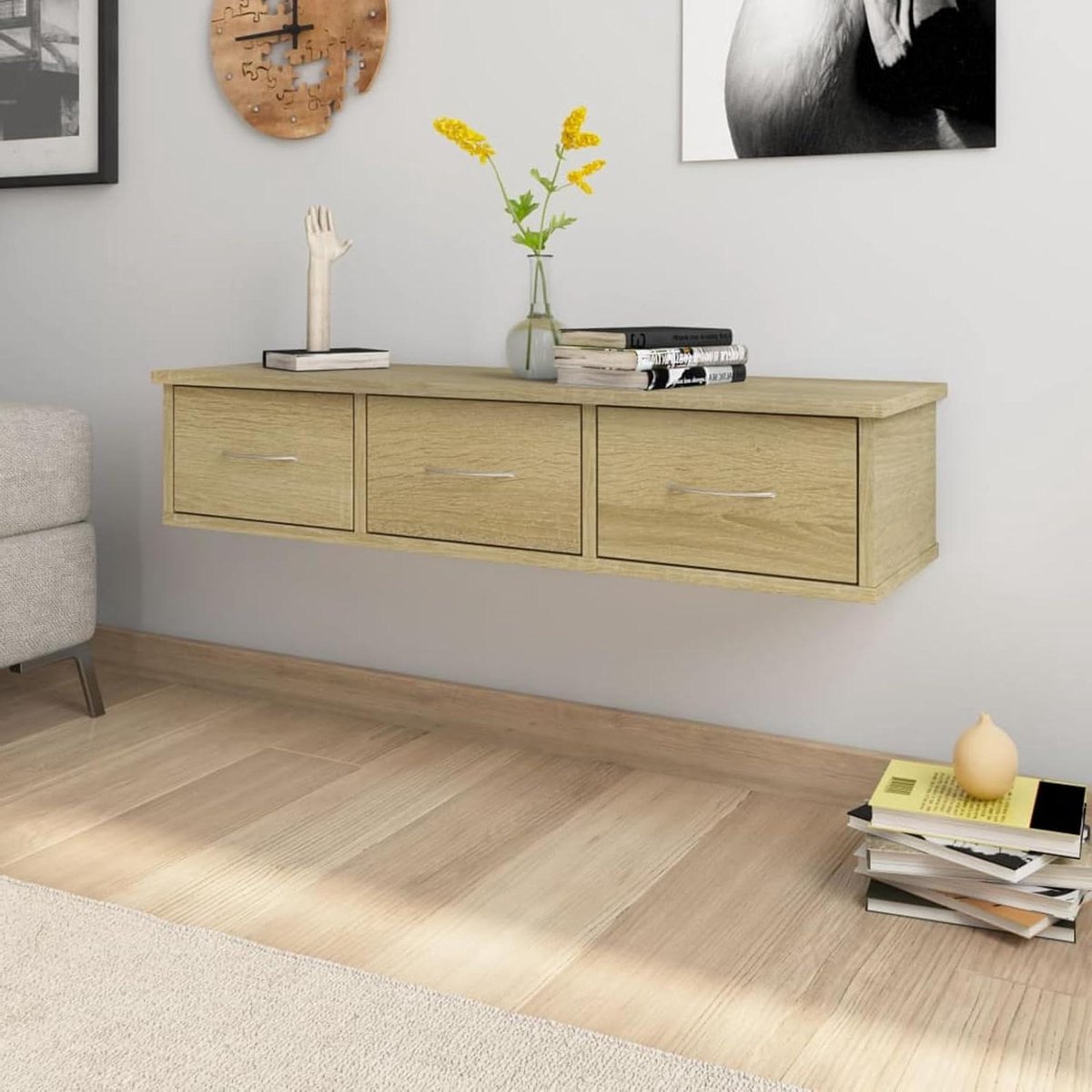 Wandrek met lade - Zwevend rek - Spullen opbergen - 3 laden - 88 cm breed - Eiken