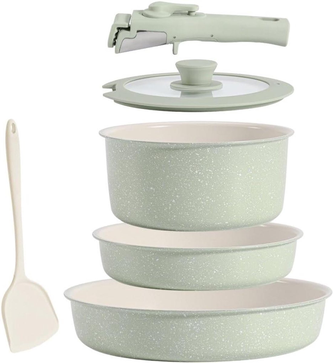 Kookgerei Set - Pannen Set - Dagelijks Koken - Afneembare Handgreep - 6 Delig - Groen